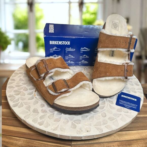 Birkenstock Arizona Shearling Mink Suede Leather Slip-On  Slides Sandals Unisex - Picture 3 of 12